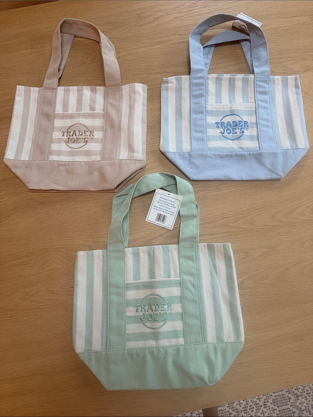 Trader Joe’s Striped Canvas Tote Bags - Mint, tan and baby blue. $40 for all 3.